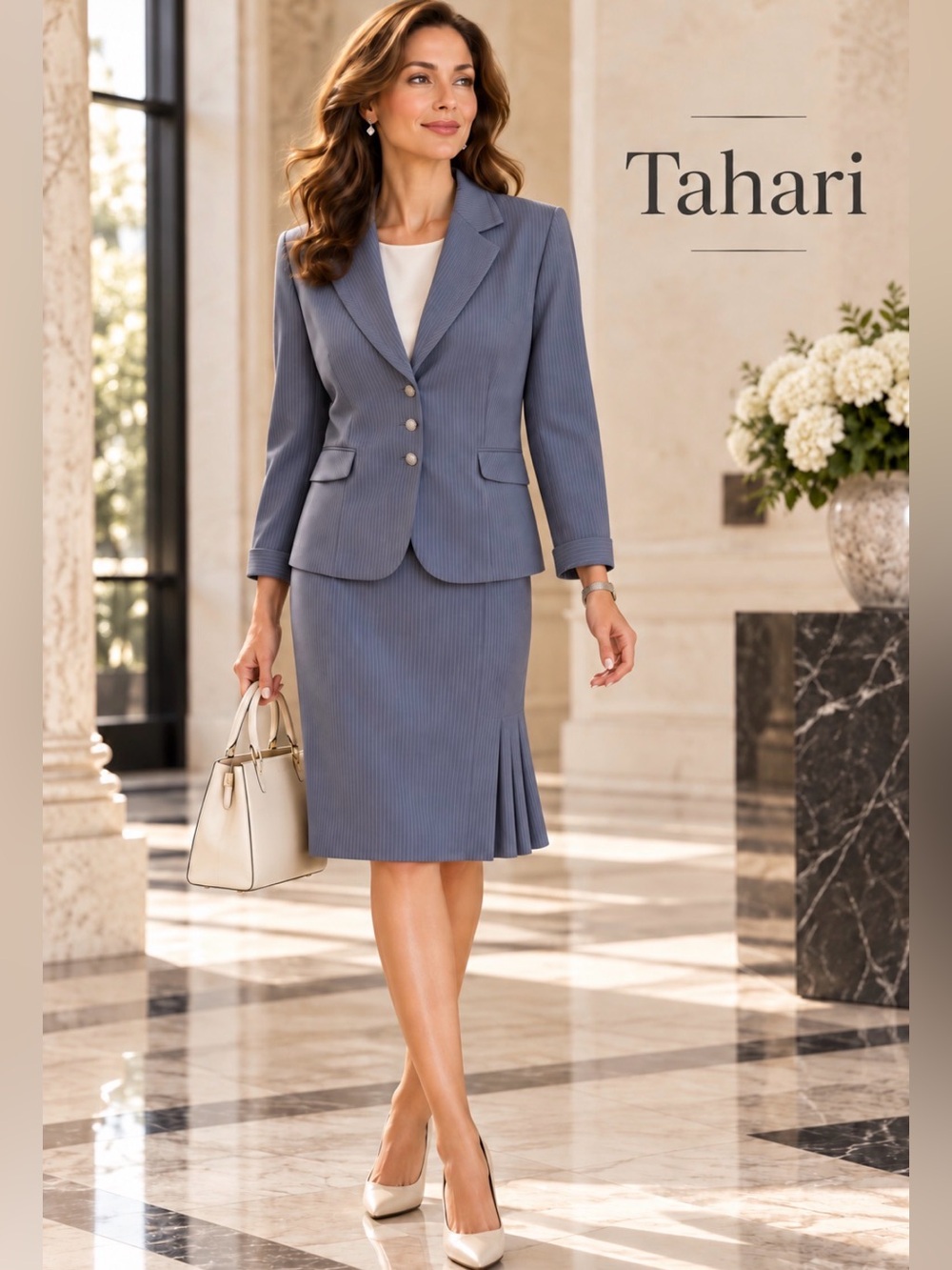 Tahari Arthur S. Levine Gray Pinstripe Skirt Suit Size 14